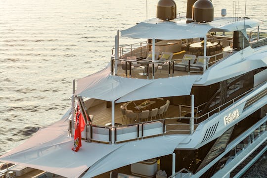 The top decks of a large yacht